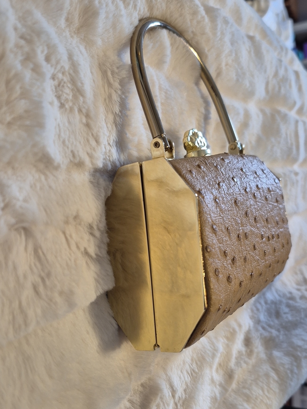 Bijoux Terner Mini Purse, Brown Faux Ostrich Top Handle Structured Evening Bag - Picture 3 of 10